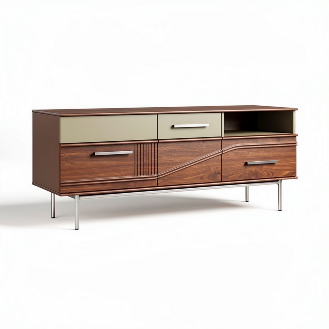 Dressoir van hout met lades en open vakken in bruin en groen 150 x 40 x 60cm