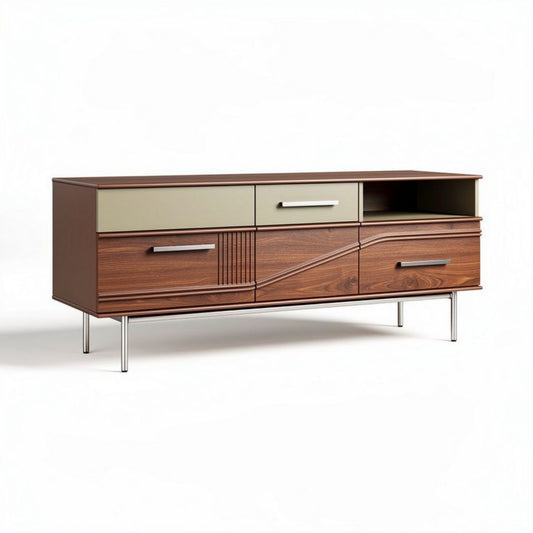 Dressoir van hout met lades en open vakken in bruin en groen 150 x 40 x 60cm