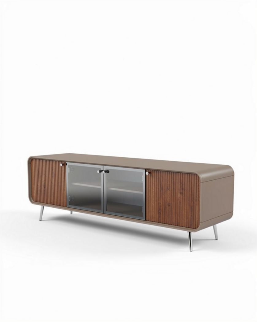 Eiken houten tv-meubel met glazen deuren en metalen poten 150 x 40 x 50cm
