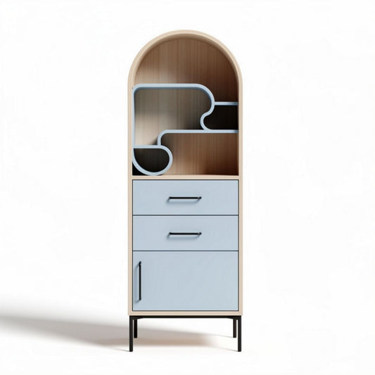 Kast met een moderne uitstraling van hout en staal in blauw en natuurlijk hout 60 x 30 x 150cm