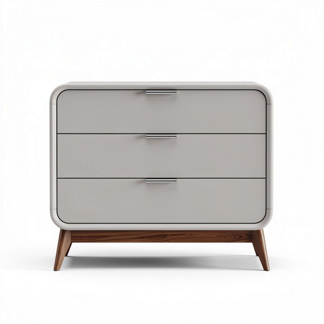 Grijze lade kast met drie lades en houten poten 60 x 40 x 45cm