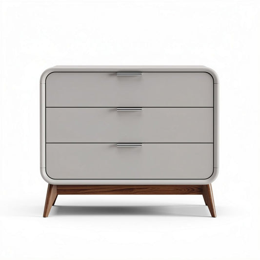 Grijze lade kast met drie lades en houten poten 60 x 40 x 45cm