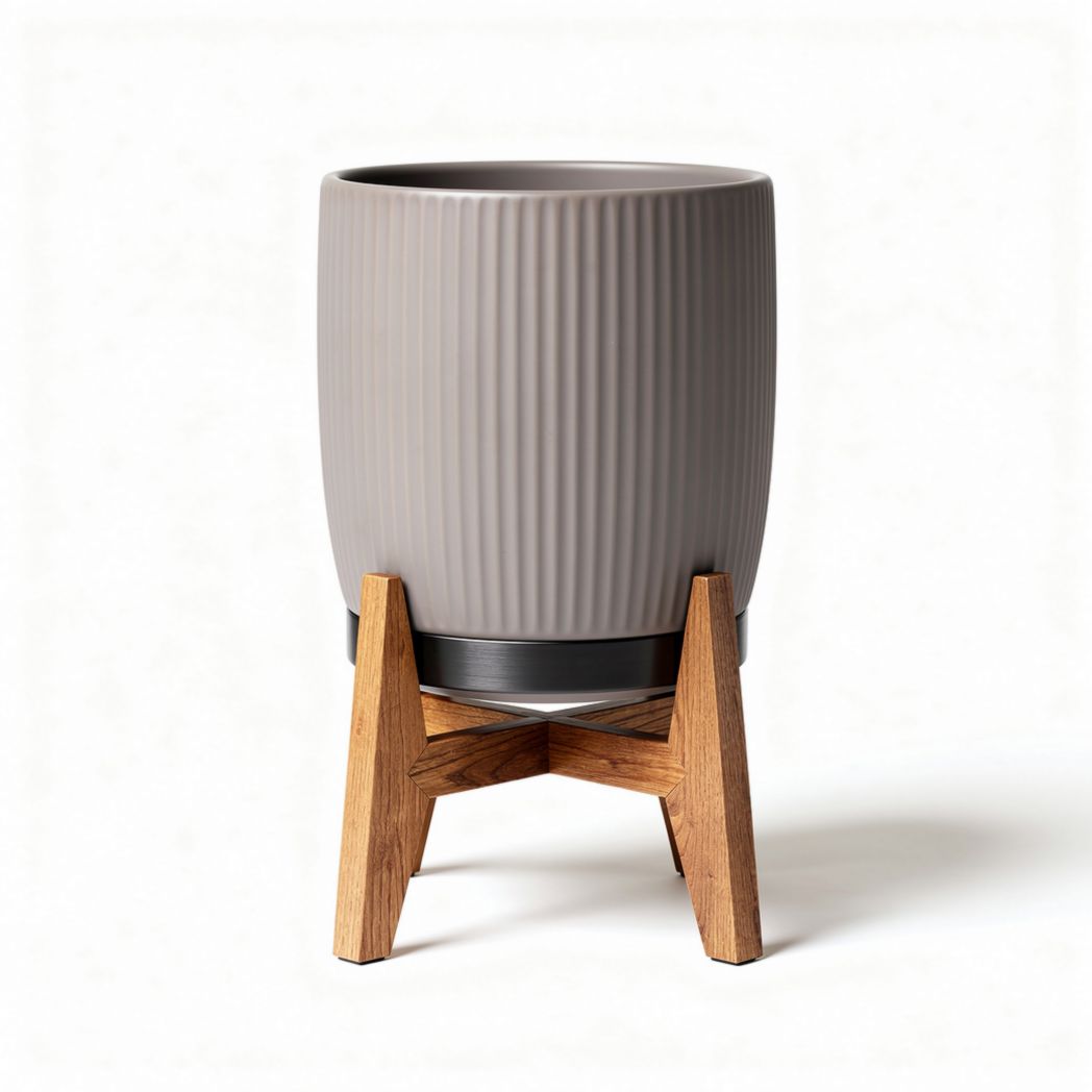 Plantenpot van grijs keramiek met houten standaard 25 x 25 x 35cm